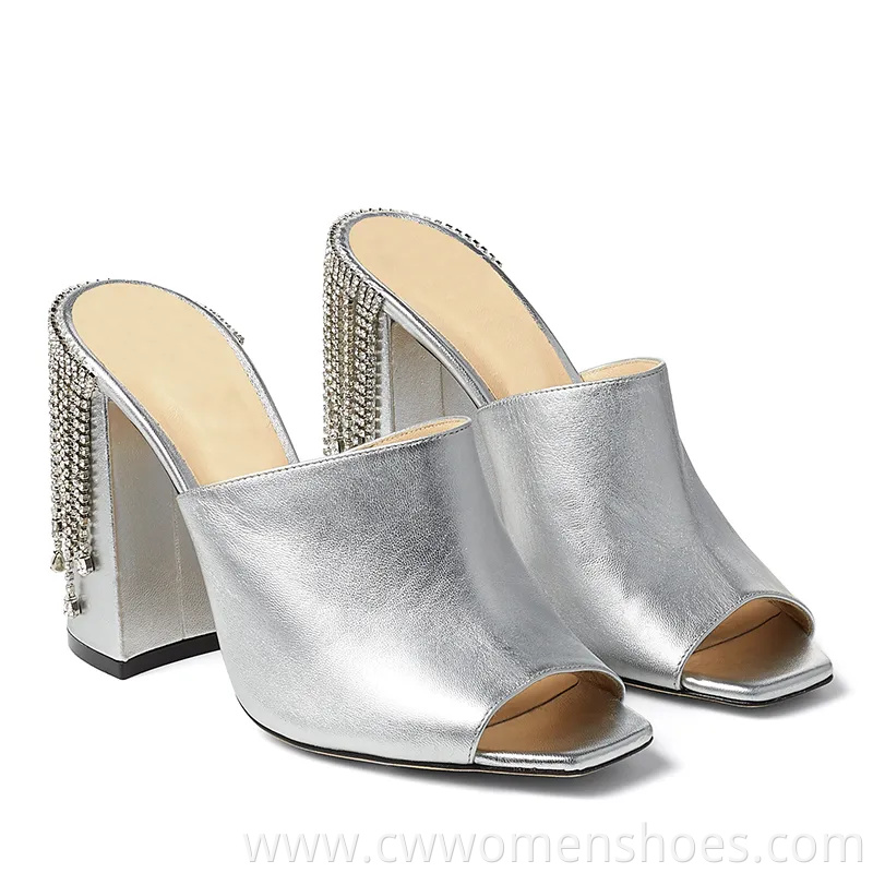 Large Size High Heels Women Silver Block Heel Mules with Crystal Drape